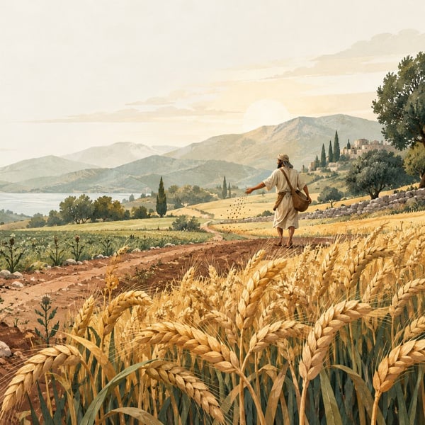 A painting of a sower scattering seed across a field.