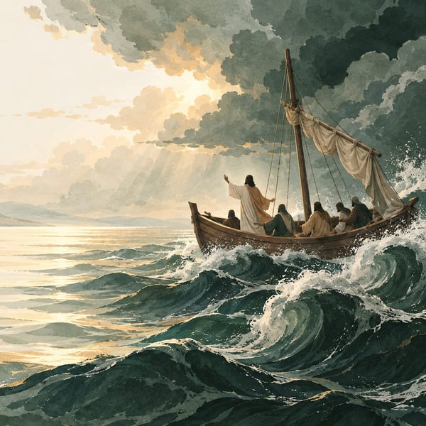 A painting of Jesus calming the storm from a small boat.