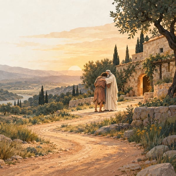A painting of a father running to embrace his son on the road home.
