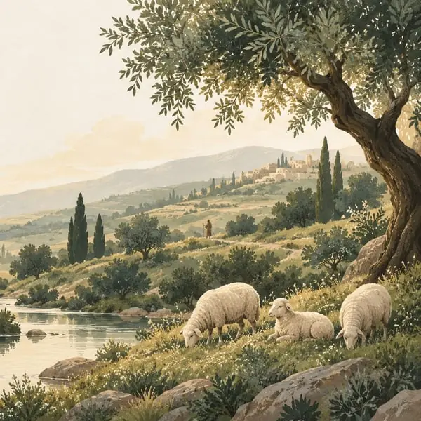 A painting of sheep resting beside still waters.