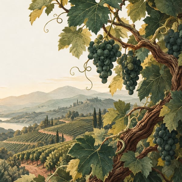 A painting of a vineyard on a hillside.