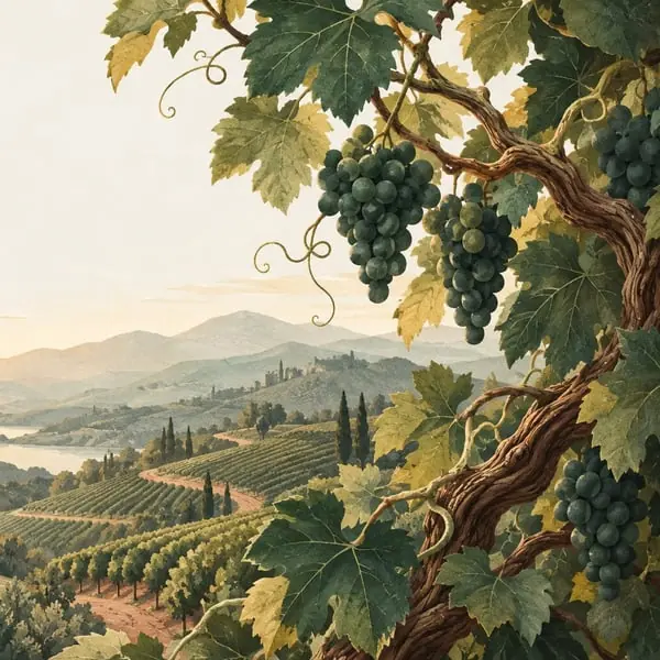 A painting of a vineyard on a hillside.