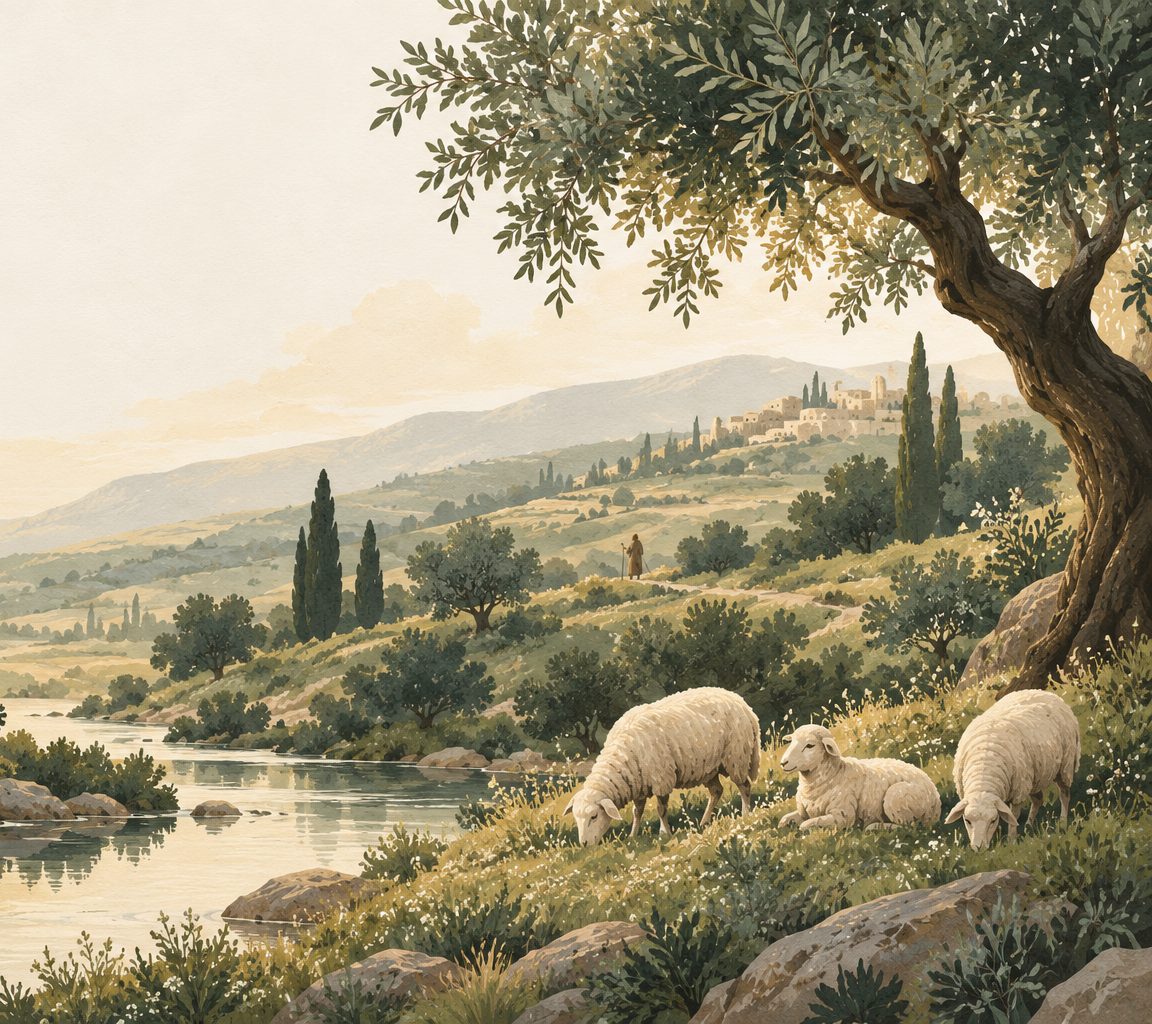 A watercolor of sheep resting by still waters under an olive tree.