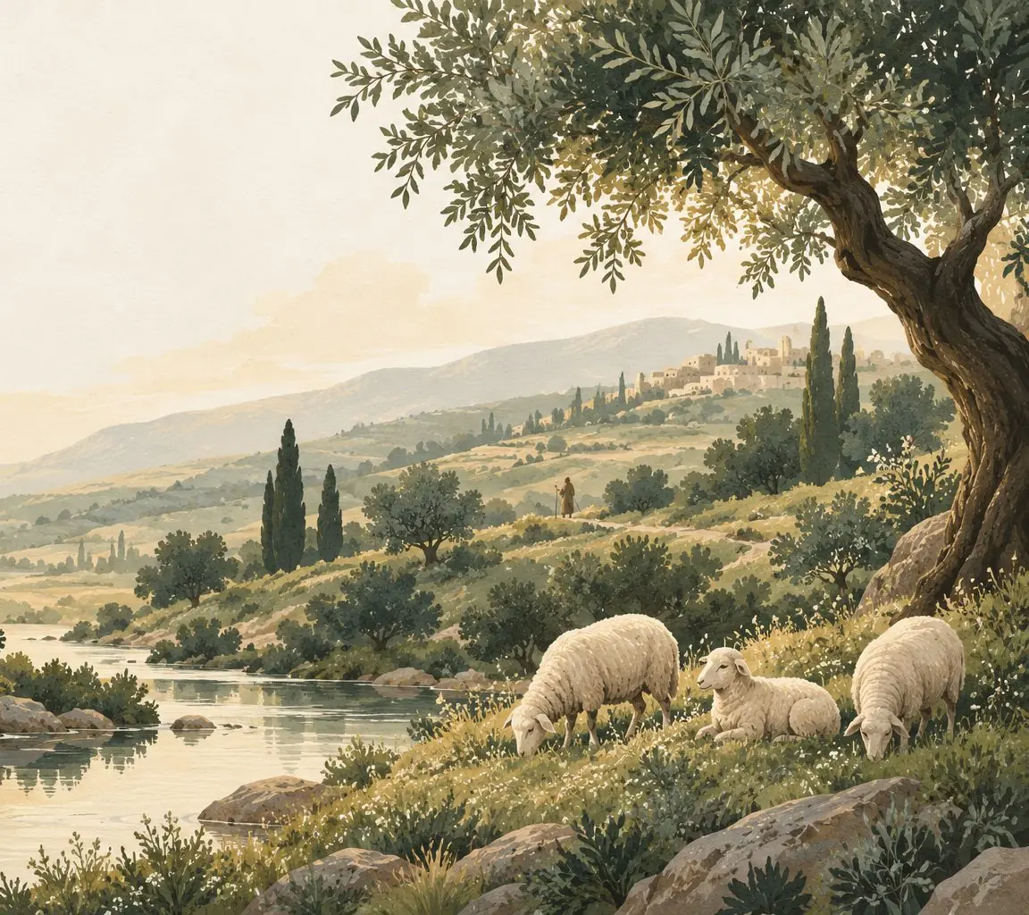 A watercolor of sheep resting by still waters under an olive tree.