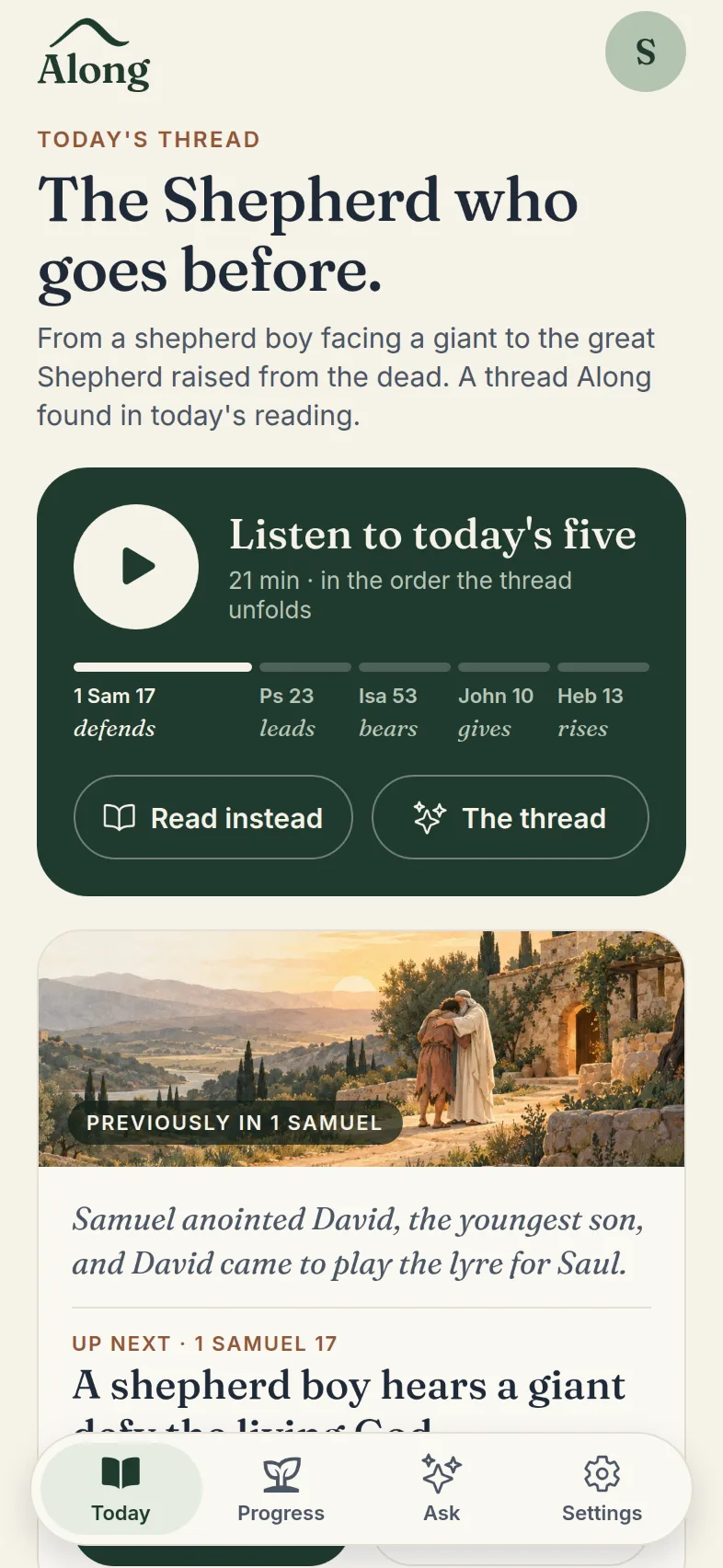 Along's Today screen, showing today's thread through five chapters.