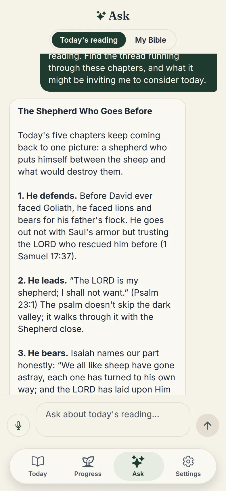 Along's Ask screen, answering a question about today's chapters.