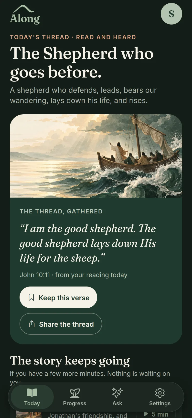 Along's Today screen in dark mode, for evening reading.